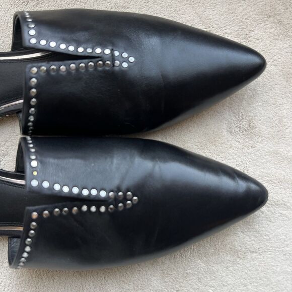 Paige Alia Black Leather Mule Slide Flats Women 7 Silver Stud Pointed Toe Casual - Picture 9 of 15